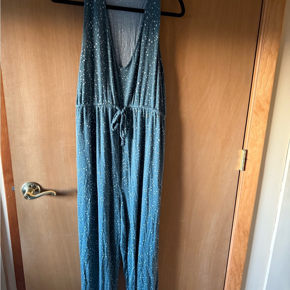 Maurices Blue and White Sleeveless Jumpsuit with Tie Waist